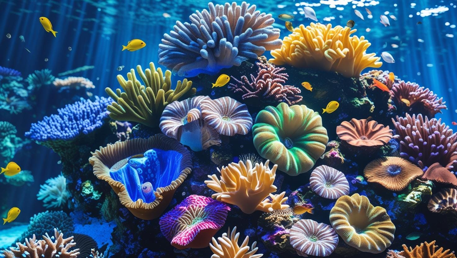 a group of colorful corals and fish swimming in water. this shows how evolution sustain himself for sustainable living.