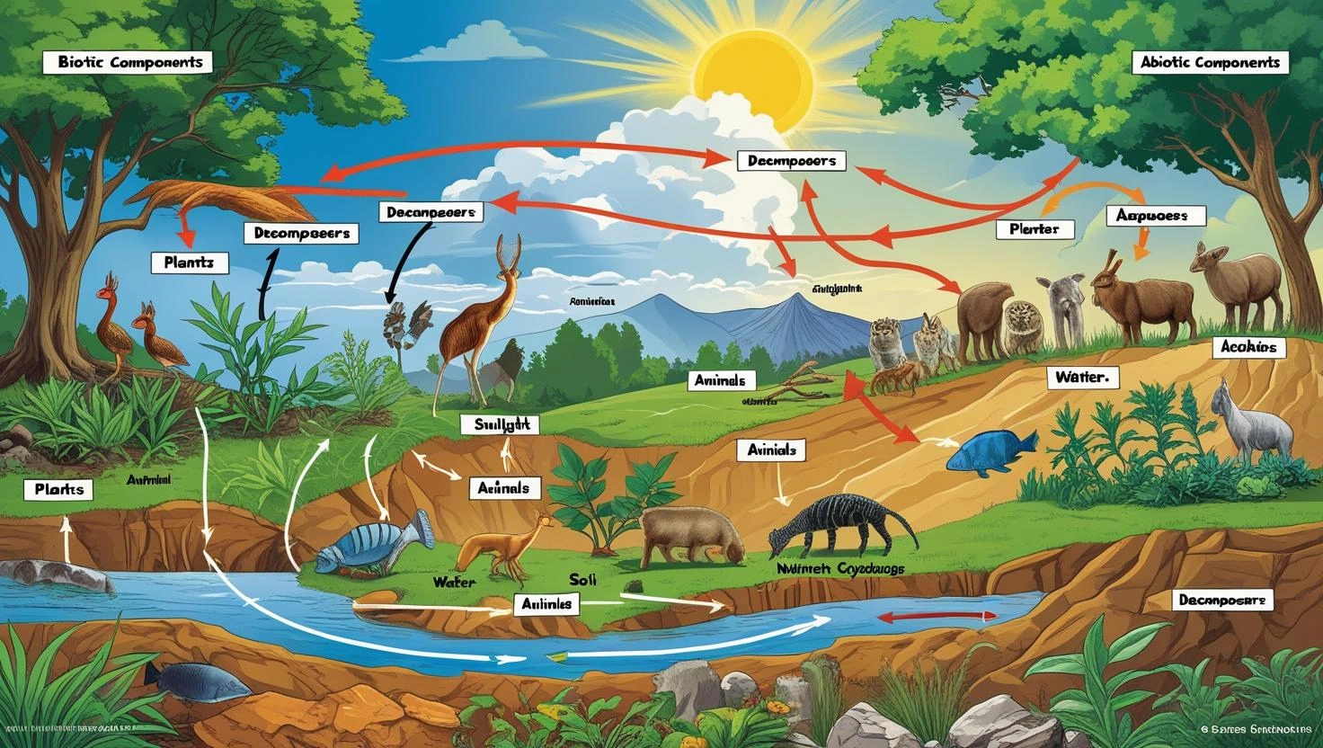 how ecosystem connect with biotic and abiotic component explain with labelled diagram