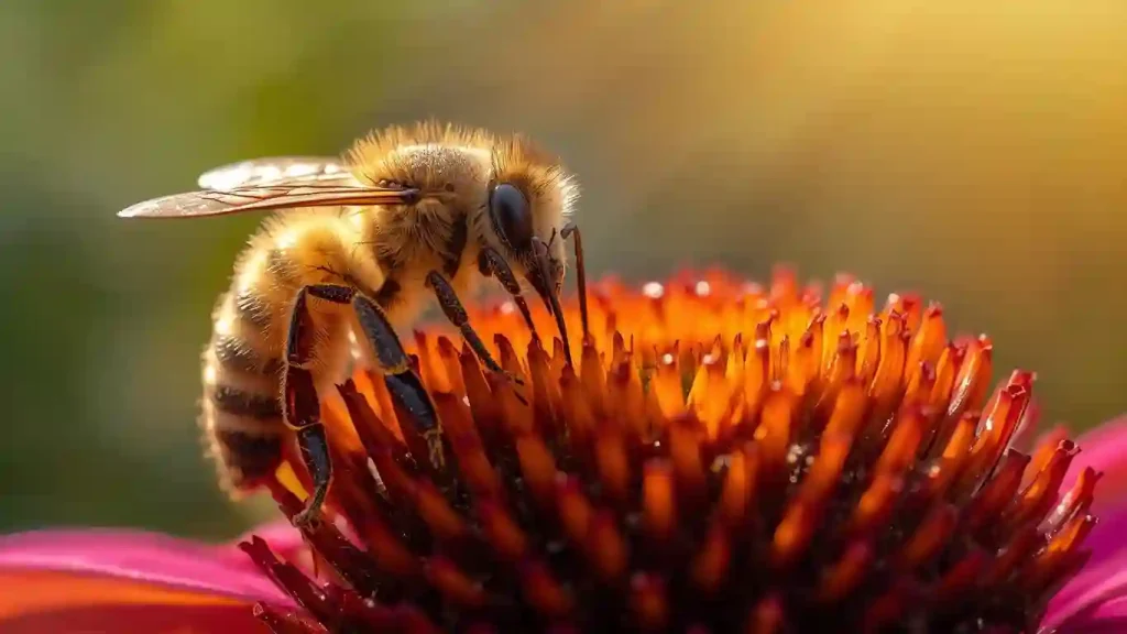 “human dependency on insects”; Secondary: “insect pollination,” “insects in ecosystems,” “insect decline.” Insect, Bee pollinating a flower for ecosystem health,